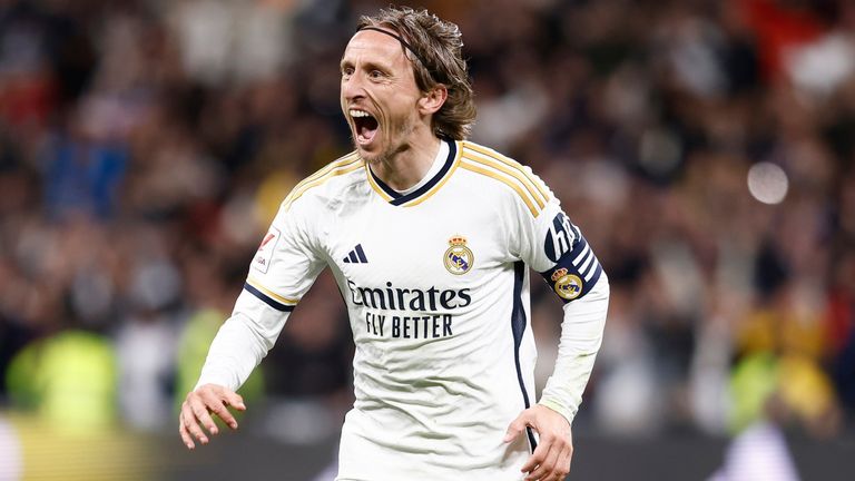 Luka Modric of Real Madrid celebrates a goal during the Spanish League, LaLiga EA Sports, football match played between Real Madrid and Sevilla FC at Santiago Bernabeu stadium on February 25, 2024, in Madrid, Spain. AFP7 25/02/2024 (Europa Press via AP)