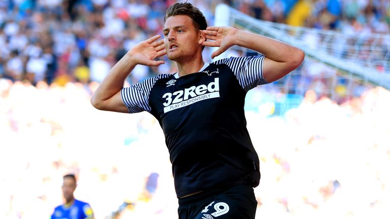 Derby County's Chris Martin celebrates scoring his side's first goal of the game during the Sky Bet Championship match at Elland Road, Leeds.