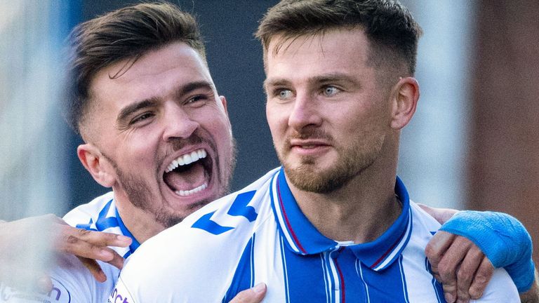 KILMARNOCK, SCOTLAND - FEBRUARY 24: Kilmarnock's Matty Kennedy celebrates with Daniel Armstrong after scoring to make it 2-0 during a cinch Premiership match between Kilmarnock and Aberdeen at Rugby Park, on February 24, 2024, in Kilmarnock, Scotland. (Photo by Paul Devlin / SNS Group)