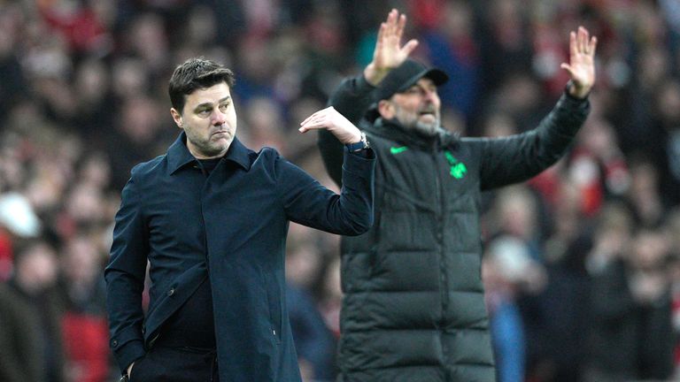 Chelsea head coach Mauricio Pochettino and Liverpool manager Jurgen Klopp during the Carabao Cup final at Wembley Stadium