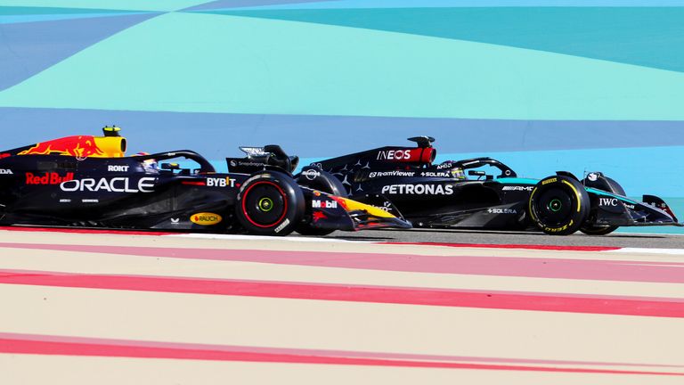 Sergio Perez and Lewis Hamilton during pre-season testing in Bahrain