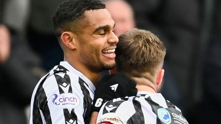 PAISLEY, SCOTLAND - FEBRUARY 24: St Mirren's Mikael Mandron (L) celebrates scoring to make it 1-0 with his teammate Marcus Fraser during a cinch Premiership match between St Mirren and St Johnstone at the SMiSA Stadium, on February 24, 2024, in Paisley, Scotland. (Photo by Rob Casey / SNS Group)