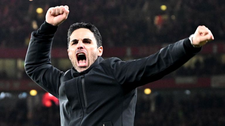 Mikel Arteta celebrates at full time after his Arsenal team beat title rivals Liverpool 3-1 at the Emirates Stadium