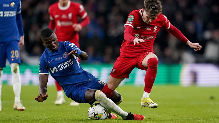 Chelsea's Moises Caicedo tackles Liverpool's Bobby Clark battle for the ball
