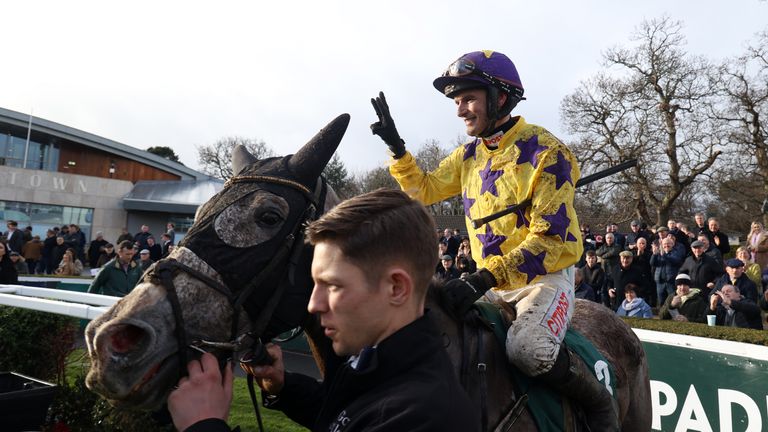 Danny Mullins celebrates a stunning hat-trick after victory in the Goffs Irish Arkle Novice Chase