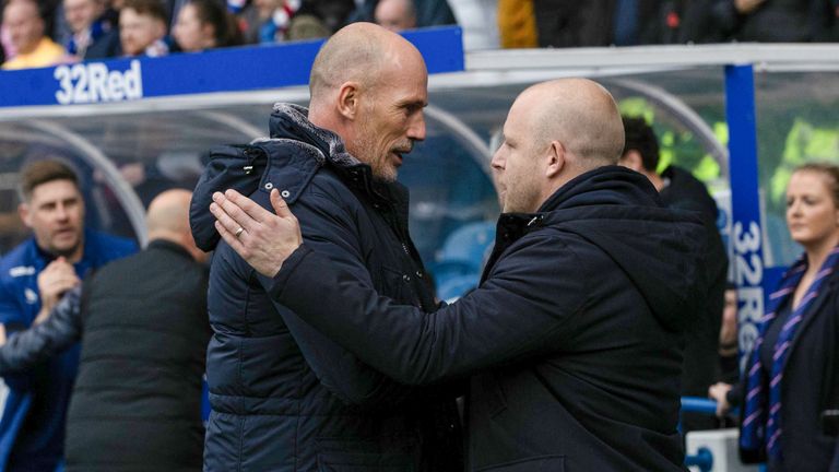 GLASGOW, SCOTLAND - OCTOBER 29: Rangers manager Philippe Clement and Hearts manager Steven Naismith during a cinch Premiership match between Rangers and Heart of Midlothian at Ibrox Stadium, on October 29, 2023, in Glasgow, Scotland. (Photo by Craig Williamson / SNS Group)