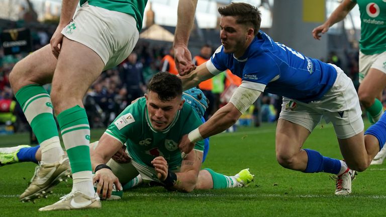 Calvin Nash powered over for Ireland's sixth and final try at the Aviva Stadium