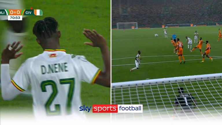 Mali&#39;s Nene Dorgeles finished off a great move by bending the ball into the top corner against Ivory Coast