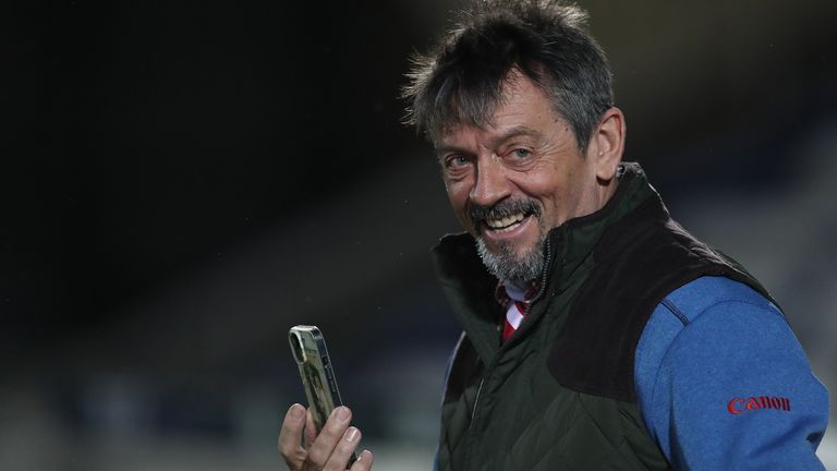 Phil Brown, the manager of Kidderminster Harriers, is watching the Vanarama National League match between Hartlepool United and Kidderminster Harriers at Victoria Park in Hartlepool, on January 23, 2024.