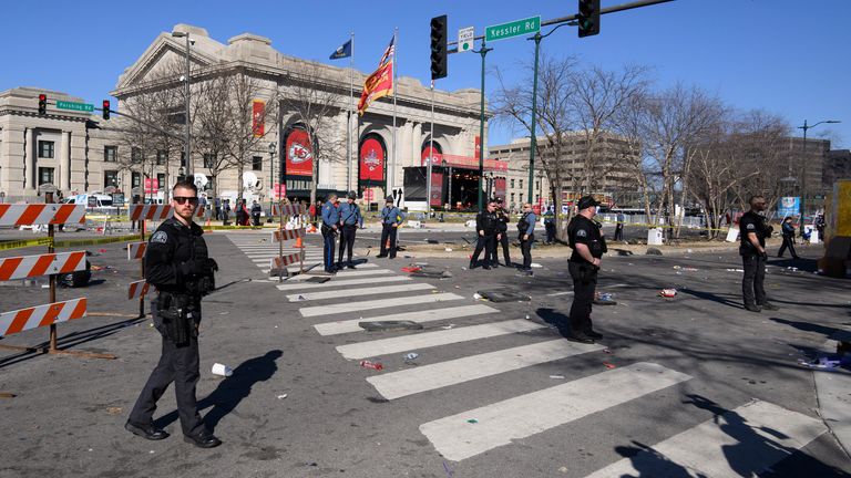 Police cordon off the area around Union Station following a shooting at the Kansas City Chiefs NFL football Super Bowl celebration in Kansas City, Mo., Wednesday, Feb. 14, 2024. Multiple people were injured, a fire official said. (AP Photo/Reed Hoffmann)