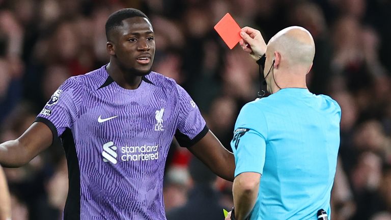 Ibrahima Konate recieves a red card
