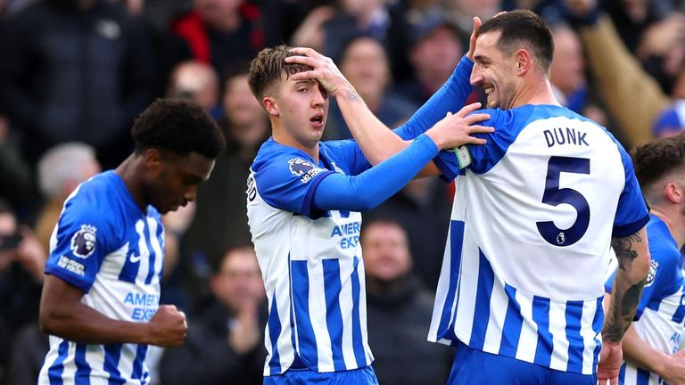 Jack Hinshelwood celebrates with Lewis Duink after scoring Brighton's second goal against Crystal Palace