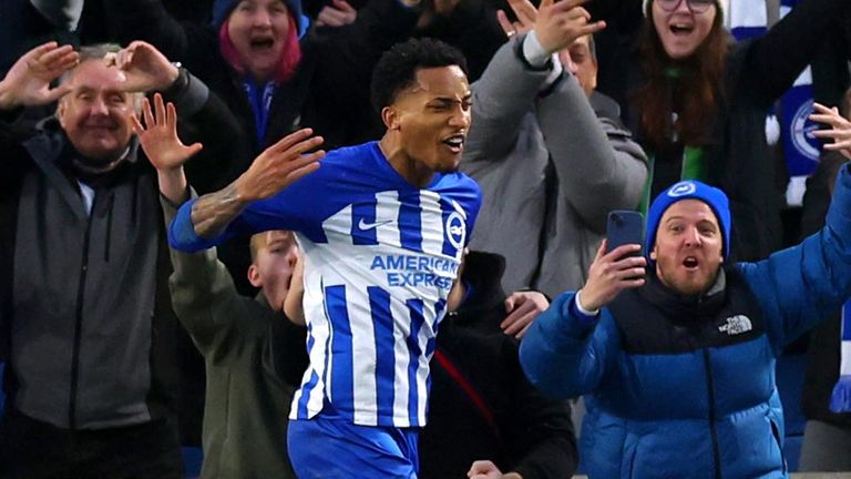 Joao Pedro celebrates after extending Brighton's lead against Crystal Palace