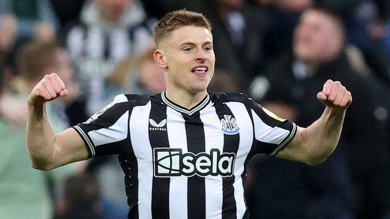 Harvey Barnes celebrates after pulling Newcastle back to 4-4 against Luton