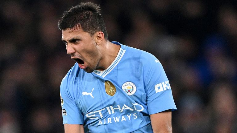 Rodri celebrates after equalising for Man City against Chelsea