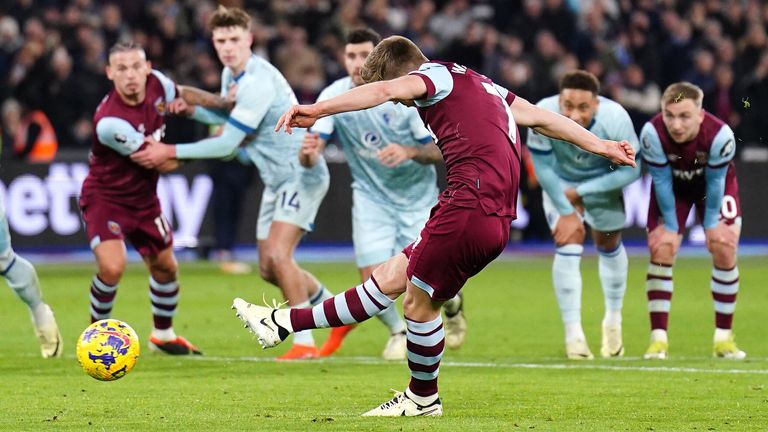 James Ward-Prowse scores West Ham's equaliser from the penalty spot