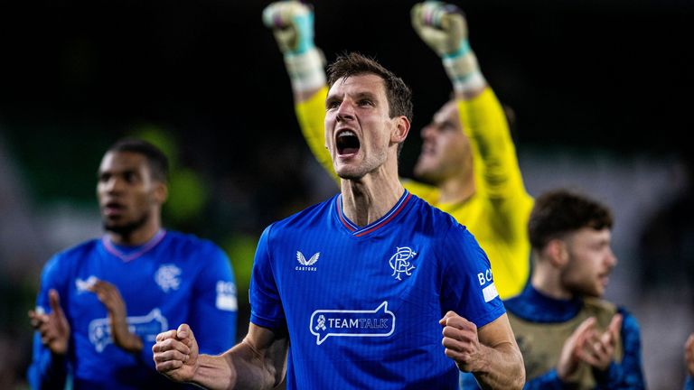 SEVILLE, SPAIN – DECEMBER 14: Borna Barisic of Rangers celebrates at full-time during a UEFA Europa League match between Real Betis and Rangers at Estadio Benito Villamarin on December 14, 2023 in Seville, Scotland.  (Photo by Alan Harvey / Grupo SNS)