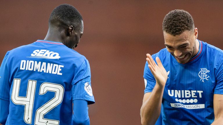 Rangers' Cyriel Dessers celebrates with Mohamed Diomande 
