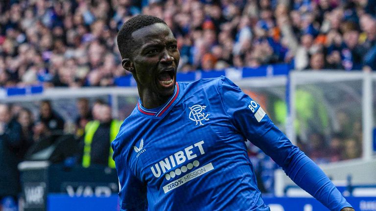 GLASGOW, SCOTLAND - FEBRUARY 24: Rangers' Mohamed Diomande celebrates after making it 1-0 during a cinch Premiership match between Rangers and Heart of Midlothian at Ibrox Stadium, on February 24, 2024, in Glasgow, Scotland. (Photo by Craig Foy / SNS Group)