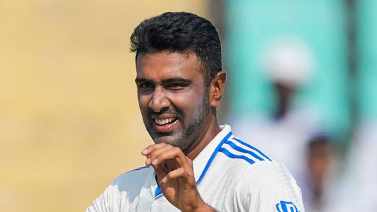 India's Ravichandran Ashwin celebrates the wicket of England's Zak Crawley (Associated Press)
