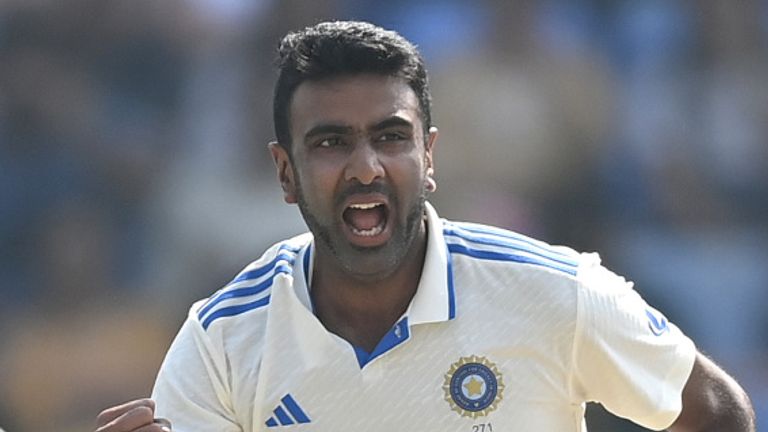 Ravichandran Ashwin celebrates taking his 500th Test wicket when dismissing Zak Crawley on day two of the third Test against England