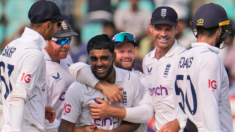 England's Rehan Ahmed , center, celebrates the wicket of India's Rajat Patidar with his teammates, on the first day of the second cricket test match between India and England in Visakhapatnam, India, Friday, Feb. 2, 2024. (AP Photo/Manish Swarup) 