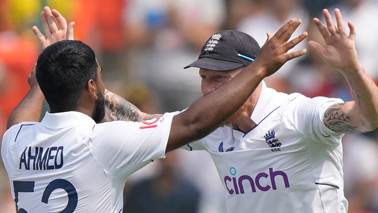 England's Rehan Ahmed, left, celebrates with captain Ben Stokes the wicket of India's Shreyas Iyer during the second day of their first cricket test in Hyderabad, India, Friday, Jan. 26, 2024. (AP Photo/Mahesh Kumar A.)