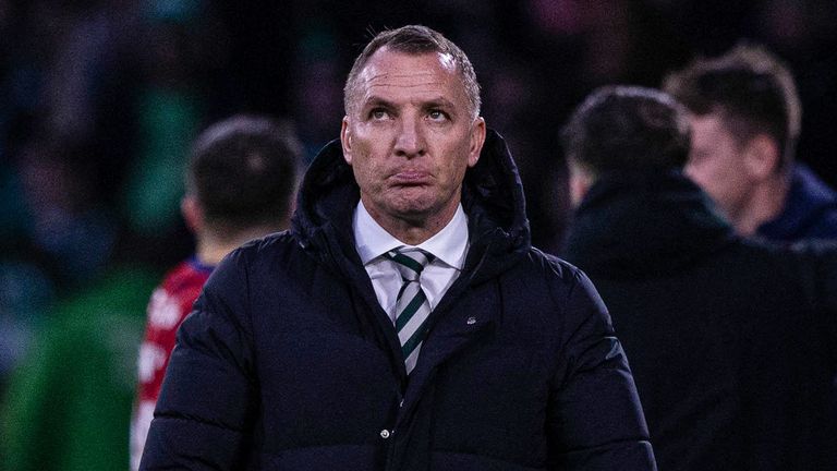 GLASGOW, SCOTLAND - FEBRUARY 17: Celtic Manager Brendan Rodgers looks dejected during a cinch Premiership match between Celtic and Kilmarnock at Celtic Park, on February 17, 2024, in Glasgow, Scotland. (Photo by Craig Williamson / SNS Group)