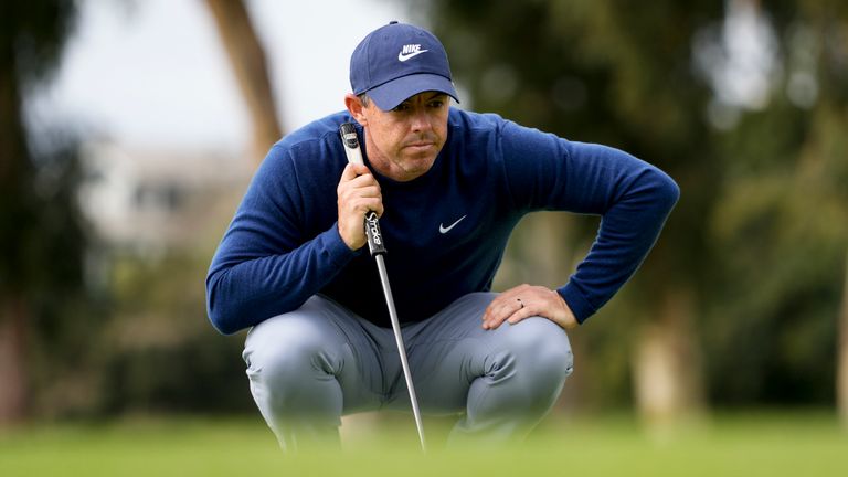 Rory McIlroy, of Northern Ireland, prepares to putt on the ninth green during the final round of the Genesis Invitational golf tournament at Riviera Country Club, Sunday, Feb. 18, 2024, in the Pacific Palisades area of, Los Angeles. (AP Photo/Ryan Sun)