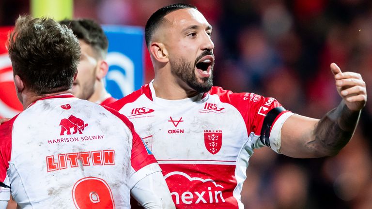 Hull KR's Elliot Minchella celebrates Sauaso Sue's try against Leeds.