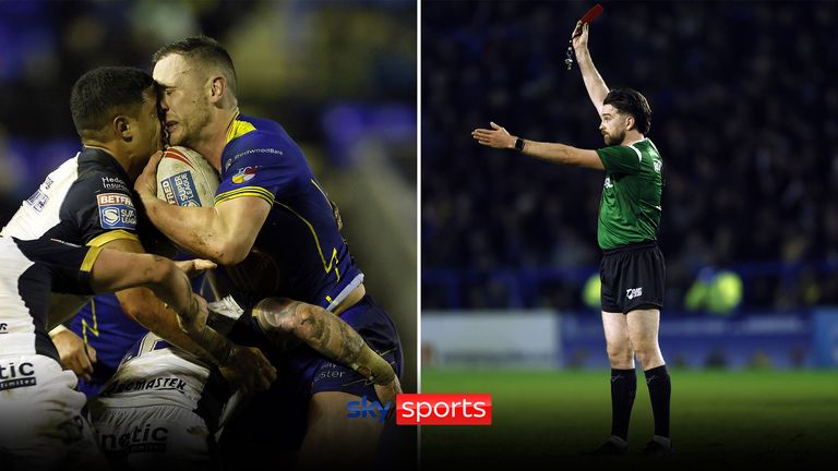 Hull FC's Nu Brown received a controversial red card for making contact with the head of Warrington's Ben Currie, which opened up a nasty cut above his eye.