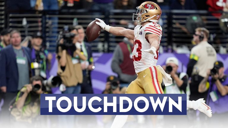 San Francisco 49ers running back Christian McCaffrey (23) scores a touchdown against the Kansas City Chiefs during the first half of the NFL Super Bowl 58 football game Sunday, Feb. 11, 2024, in Las Vegas. (AP Photo/Eric Gay)


