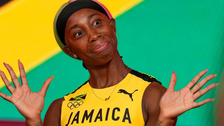 Shelly-Ann Fraser-Pryce, of Jamaica gestures before competing in the final of the women's 200-meter at the 2020 Summer Olympics, Tuesday, Aug. 3, 2021, in Tokyo, Japan. (AP Photo/Francisco Seco)