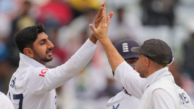 England's Shoaib Bashir celebrates the wicket of Akash Deep on day three of the fourth Test