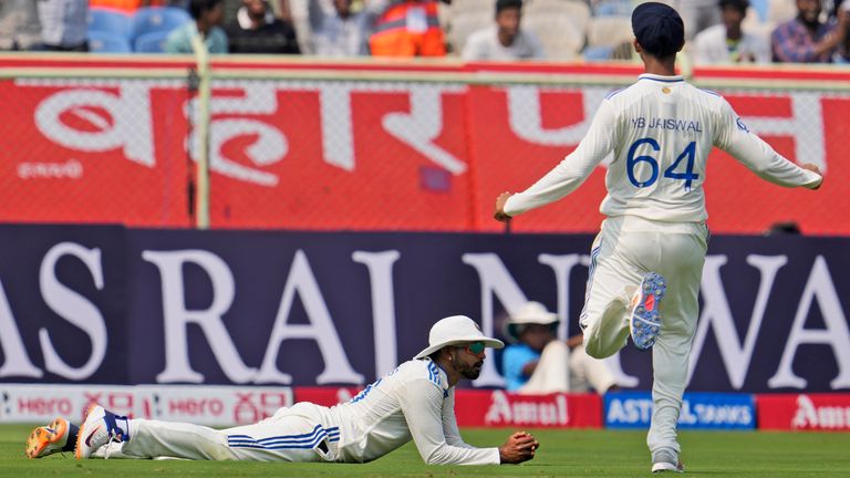 India's Shreyas Iyer celebrates after taking the catch of England's Zak Crawley at backward point