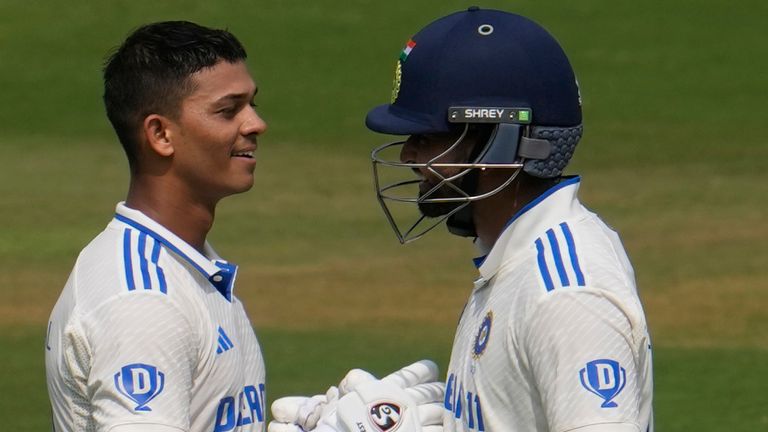 India's Shreyas Iyer congratulates Yashasvi Jaiswal on scoring century on the first day of the second test match between India and England, in Visakhapatnam, India, Friday, Feb. 2, 2024. (AP Photo/Manish Swarup)