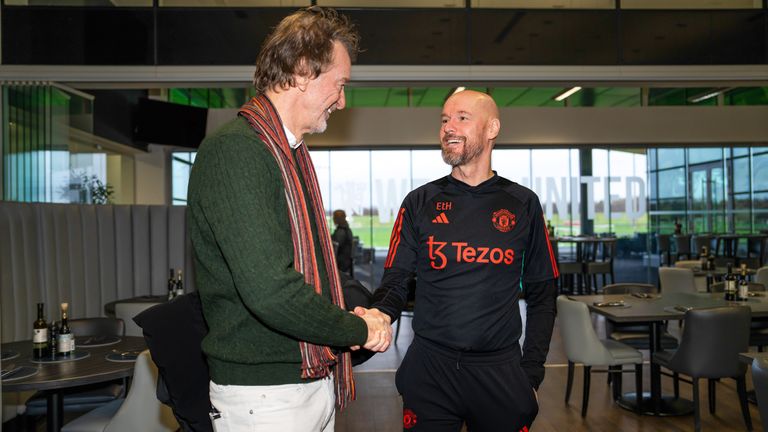 Sir Jim Ratcliffe se reúne con Erik ten Hag en el campo de entrenamiento del Manchester United (getty, subido en febrero de 2024)
