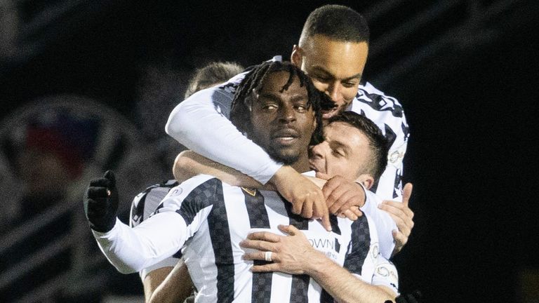 PAISLEY, SCOTLAND - FEBRUARY 07: St Mirren's Toyosi Olusanya celebrates after making it 2-0 during a cinch Premiership match between St Mirren and Dundee at the SMiSA Stadium, on February 07, 2024, in Paisley, Scotland. (Photo by Alan Harvey / SNS Group)