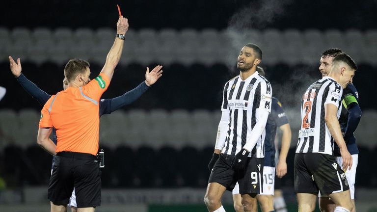 PAISLEY, SCOTLAND - FEBRUARY 7: James Bolton of ST Mirren is shown a red card during a Cinch Premiership match between St Mirren and Dundee at SMiSA Stadium on February 7, 2024 in Paisley, Scotland.  (Photo by Alan Harvey / SNS Group)