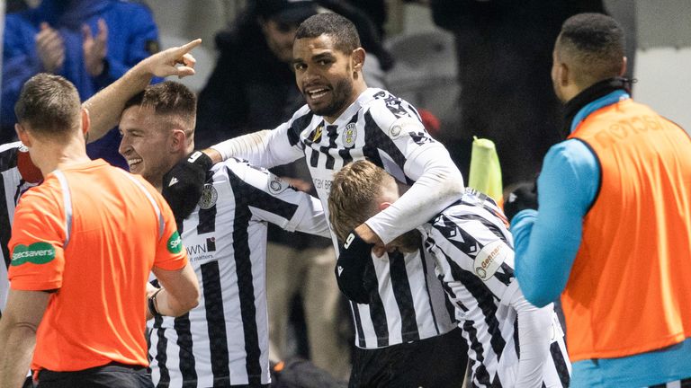 PAISLEY, SCOTLAND - FEBRUARY 07: St Mirren's Mikael Mandron celebrates after making it 1-0 during a cinch Premiership match between St Mirren and Dundee at the SMiSA Stadium, on February 07, 2024, in Paisley, Scotland. (Photo by Alan Harvey / SNS Group)