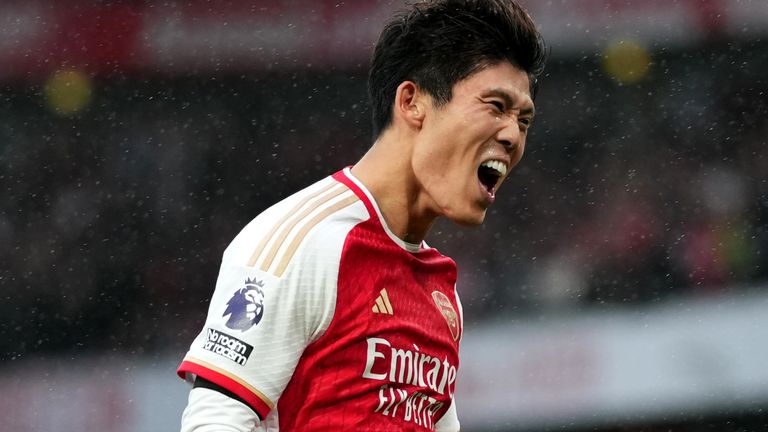 Arsenal's Takehiro Tomiyasu celebrates scoring his sides fifth goal during the Premier League match at the Emirates Stadium, London. Picture date: Saturday October 28, 2023.