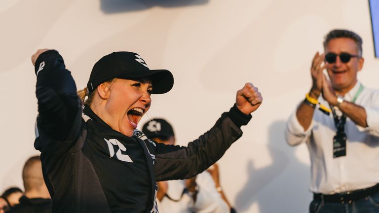 Emma Kimilainen celebrates winning the first ever E1 race with Team Brady in Jeddah.