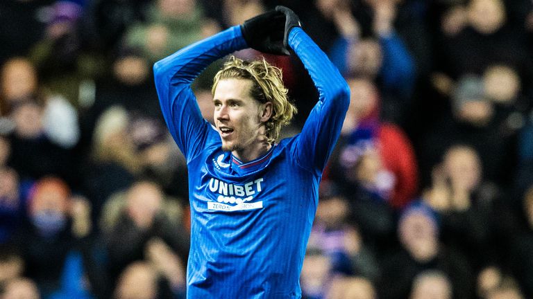 Rangers' Todd Cantwell celebrates after scoring vs Aberdeen