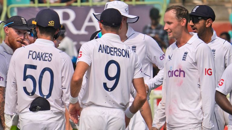 England's Tom Hartley, right, celebrates the wicket of India's Axar Patel on the third day of the second cricket test match between India and England in Visakhapatnam, India, Sunday, Feb. 4, 2024. (AP Photo/Manish Swarup)