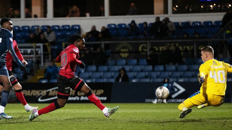 St Mirren's Toyosi Olusanya scores to make it 1-1 during a cinch Premiership match between Ross County and St Mirren