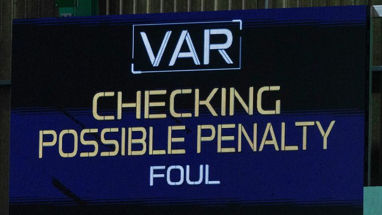 EDINBURGH, SCOTLAND - FEBRUARY 07: LED Screen shows a VAR check for possible penalty during a cinch Premiership match between Hibernian and Celtic at Easter Road Stadium, on February 07, 2024, in Edinbugrh, Scotland. (Photo by Craig Foy / SNS Group)