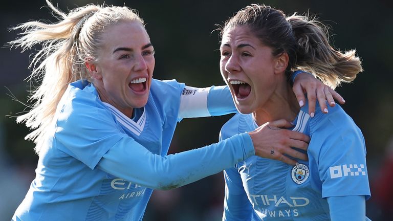 Man City's Laia Aleixandri (right) celebrates her winning goal against Arsenal in the Women's FA Cup fifth round tie with teammate Alex Greenwood