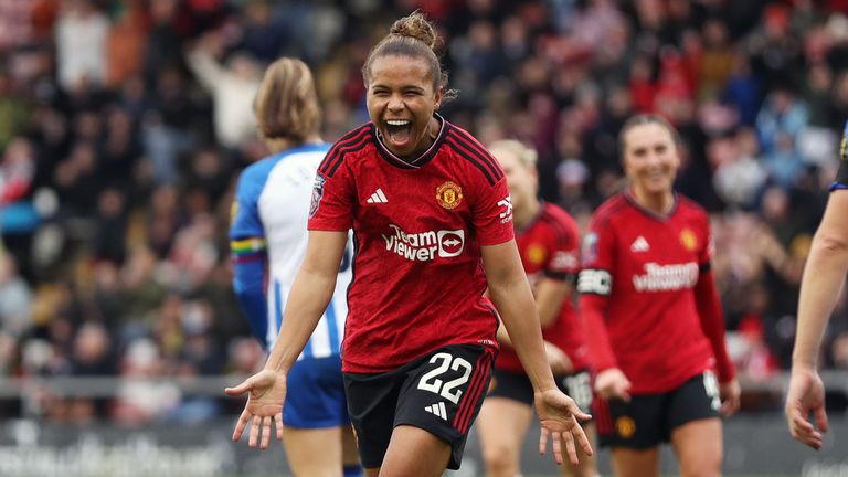 Nikita Parris celebrates after doubling Manchester United's lead against Brighton