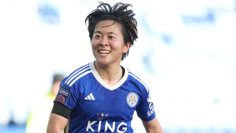 Yuka Momiki celebrates after scoring Leicester's equaliser against Bristol City