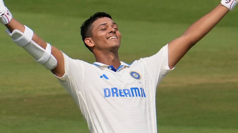 India's Yashasvi Jaiswal celebrates his century against England in Vizag (Associated Press)